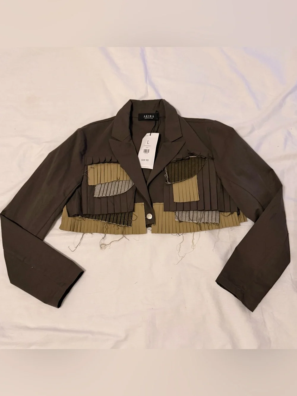 AKIRA Let Me Down Slowly Olive & Khaki Cropped Fringe Pleated Blazer - Picture 2 of 9